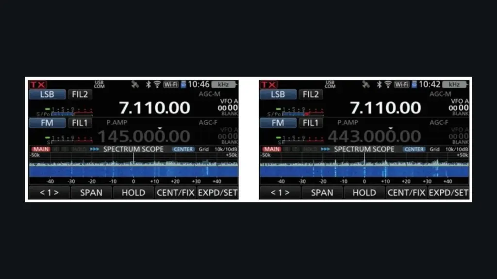 Icom IC-7110 dualwatch screens showing 7.110 MHz on HF alongside 145 MHz and 443 MHz