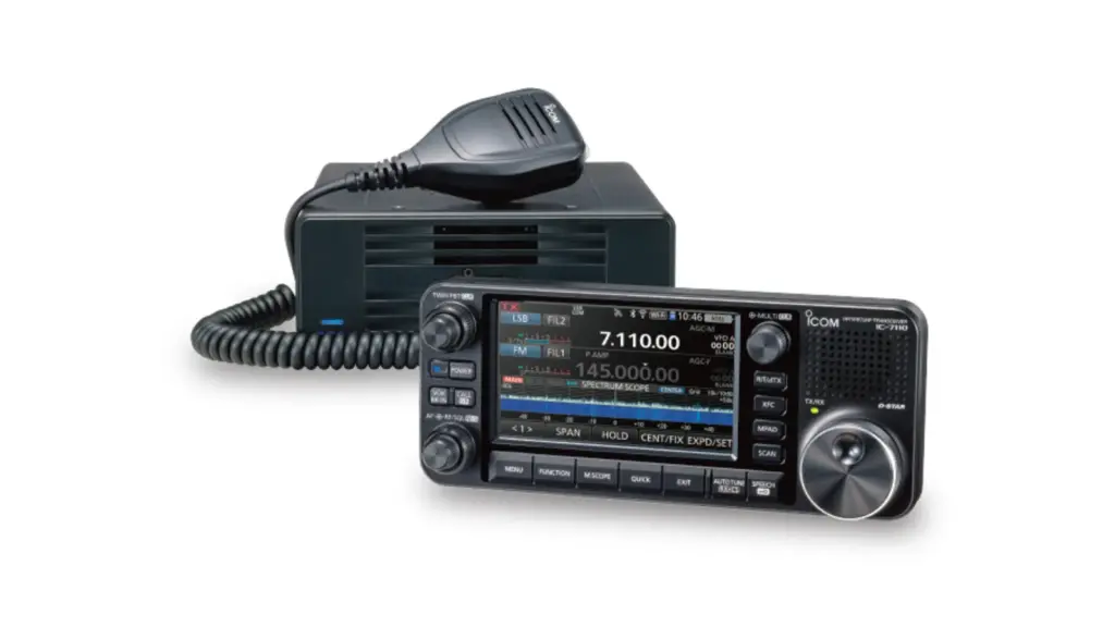 Icom IC-7110 main unit, separate controller with 4.3 inch touchscreen and hand microphone