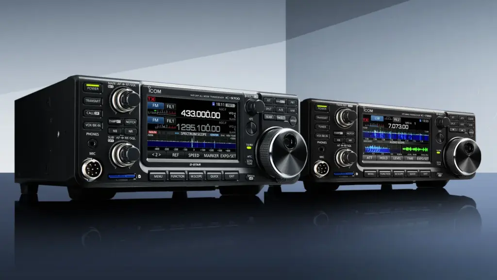 Icom IC-9700 and Icom IC-7300 side by side showing the shared front panel layout